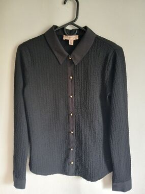 Philosophy Black Textured Button-Up Blouse Gold Buttons Cotton Blend